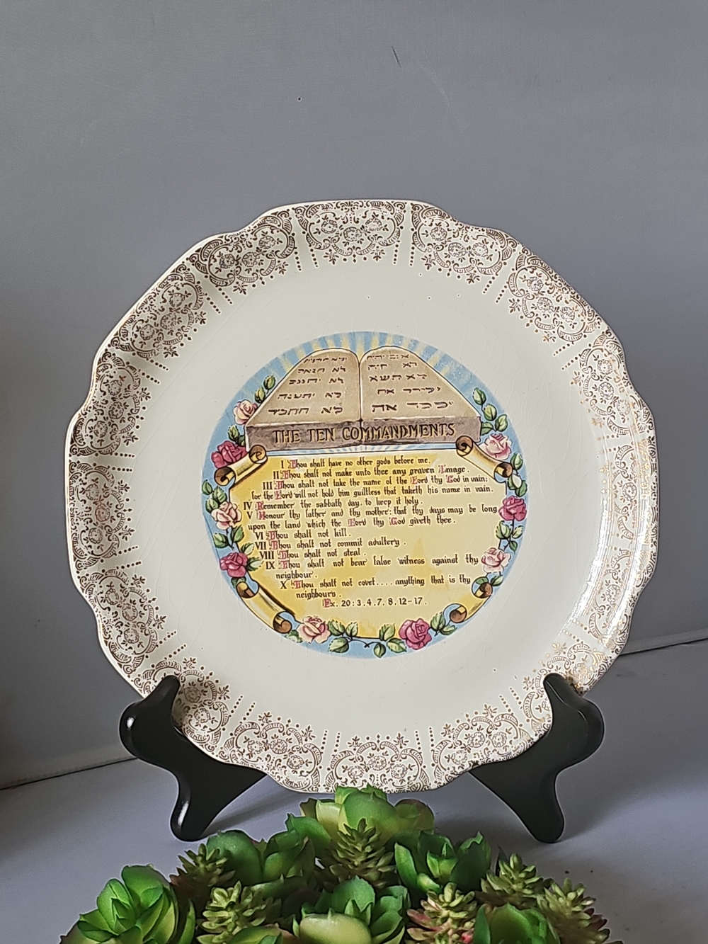 Vintage Cream and Gold Ten Commandments Decorative Plate